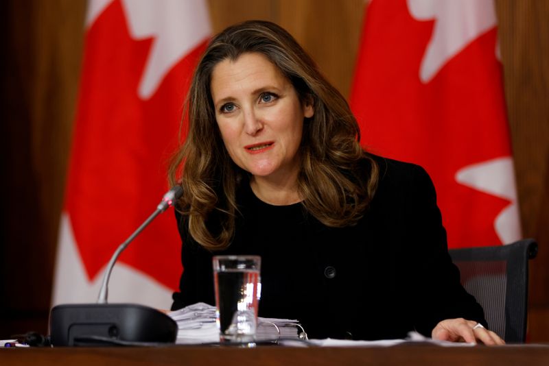 FILE PHOTO: Canada’s Finance Minister Chrystia Freeland speaks to news