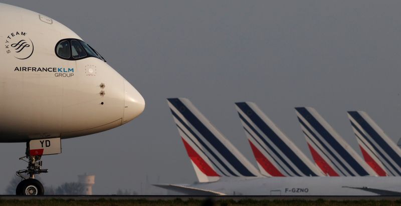 An Air France airplane lands at the Charles-de-Gaulle airport in