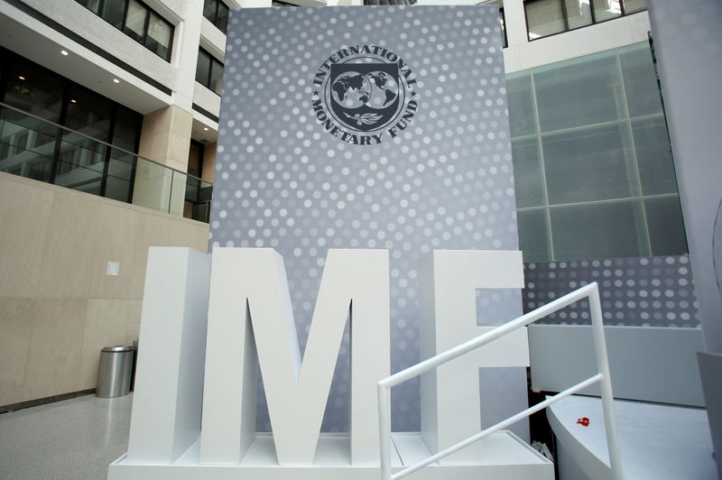 FILE PHOTO: International Monetary Fund logo is seen inside the
