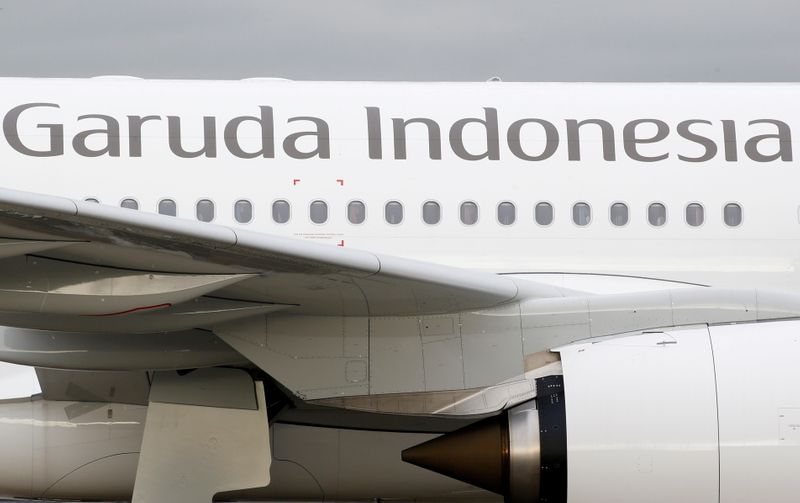 FILE PHOTO: The logo of Garuda Indonesia is pictured on