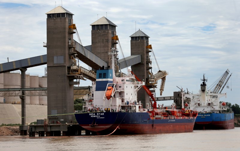 FILE PHOTO: Grain is loaded onto ships for export at