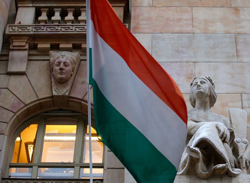 FILE PHOTO: The Hungarian national flag flies on the building