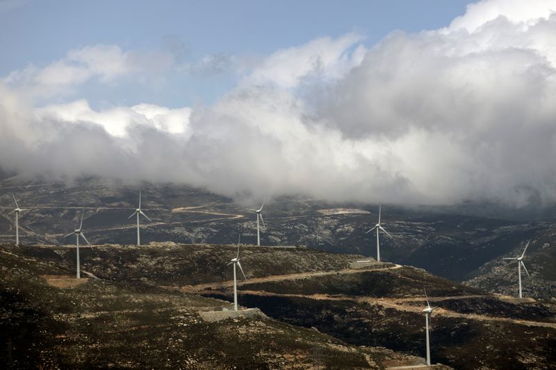FILE PHOTO: Wind turbines are seen on a mountain near