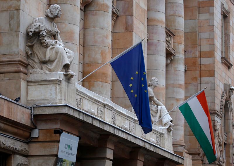 FILE PHOTO: The Hungarian national flag and the flag of