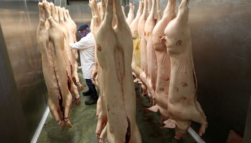 FILE PHOTO: Butcher moves pig carcasses inside a refrigerator