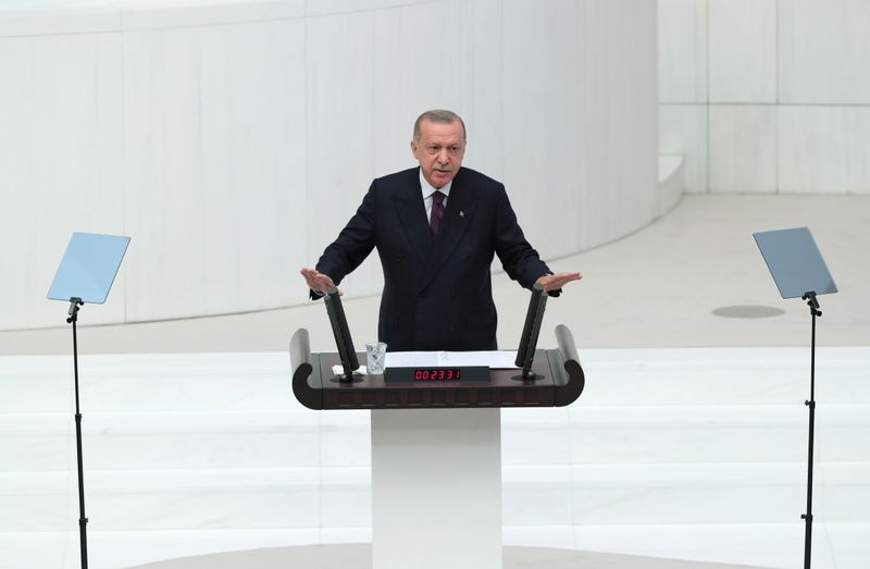 Turkey’s President Tayyip Erdogan addresses members of parliament in Ankara