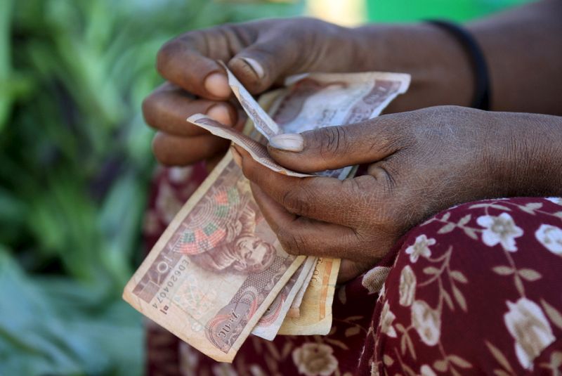A woman counts Ethiopian birr notes, after selling a cabbage