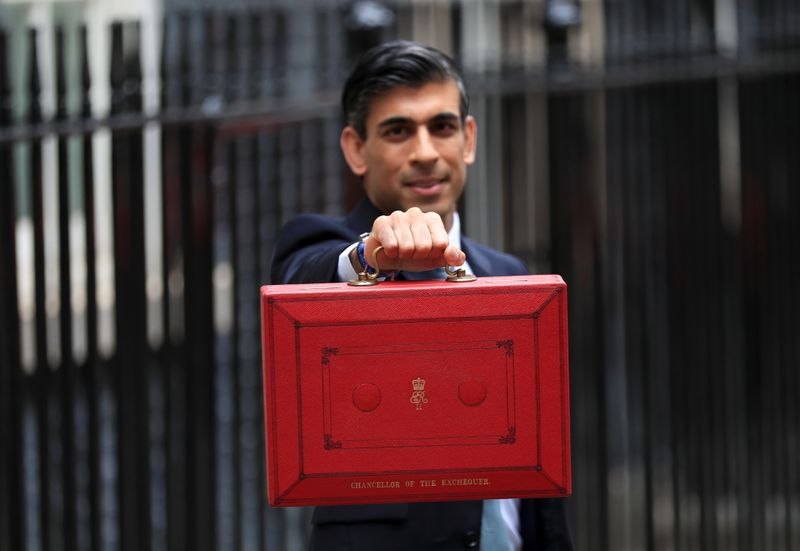 Chancellor of the Exchequer Sunak holds the budget box outside