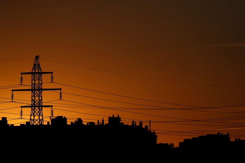 High-voltage power lines and an electricity pylon are pictured at