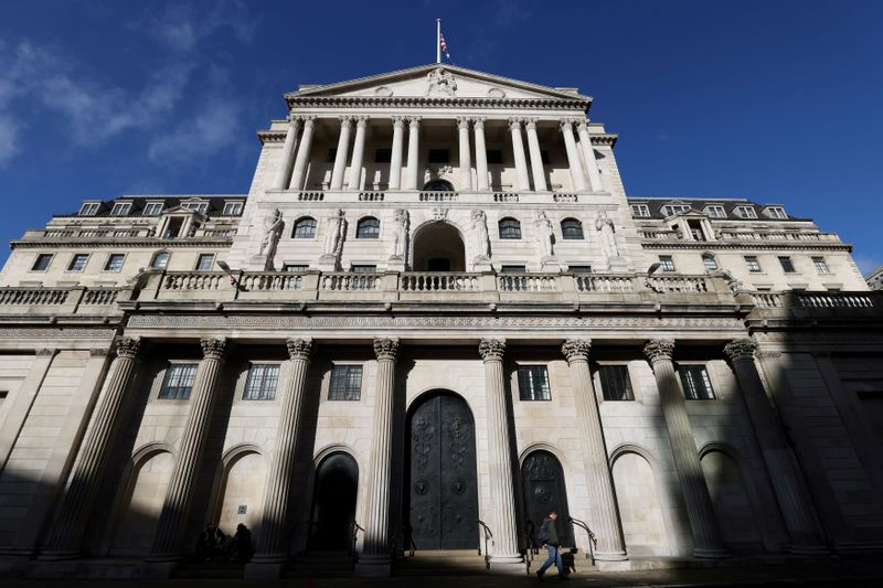 FILE PHOTO: A person walks past the Bank of England,