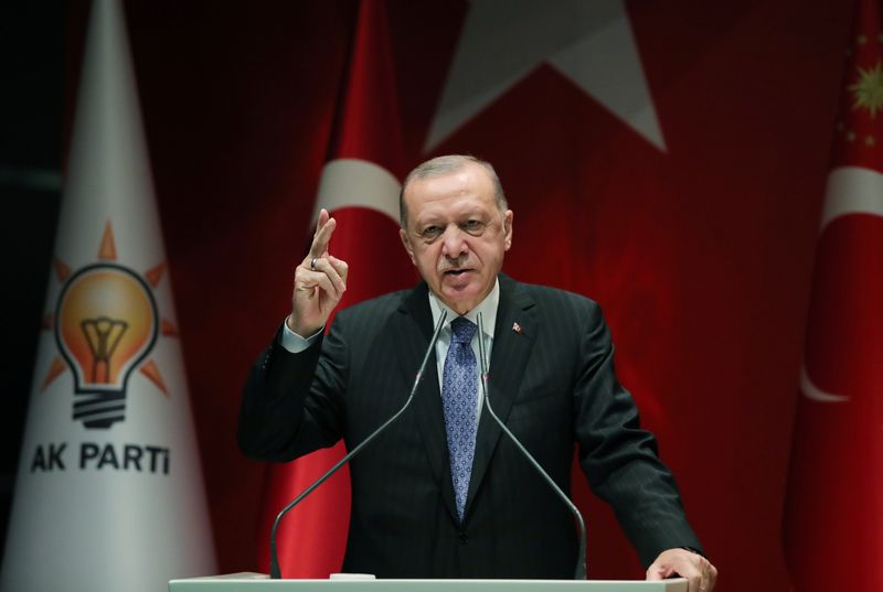Turkish President Tayyip Erdogan addresses members of his ruling AK