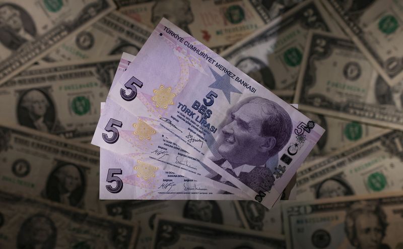 Turkish lira banknotes are seen placed on U.S. Dollar banknotes