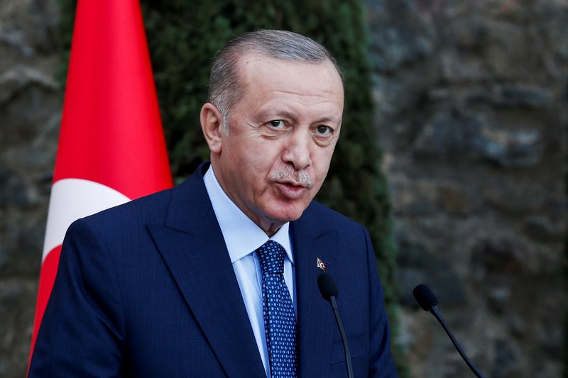 FILE PHOTO: Turkish President Erdogan attends a news conference in
