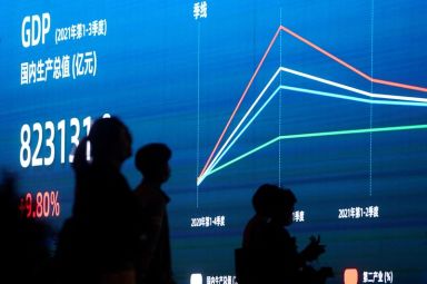 An electronic display showing the China GDP indexes is seen