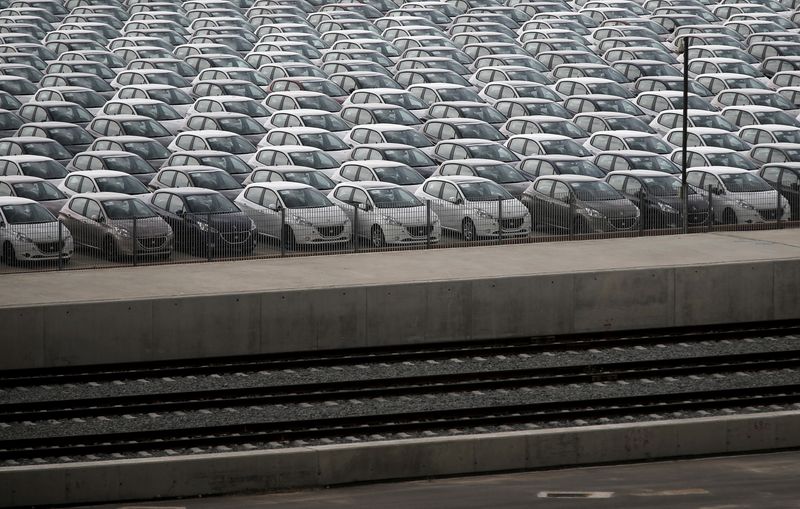 Vehicles are parked at a cargo terminal at Piraeus port,