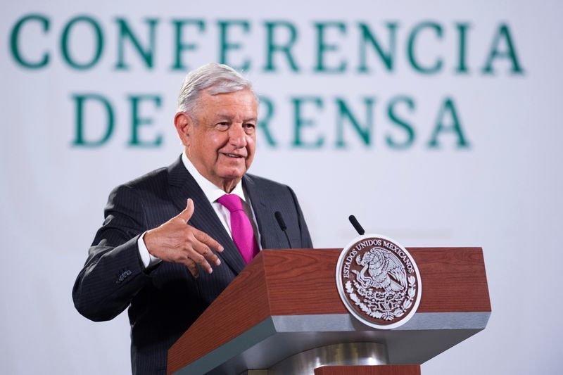 Mexican President Andres Manuel Lopez Obrador speaks during a news