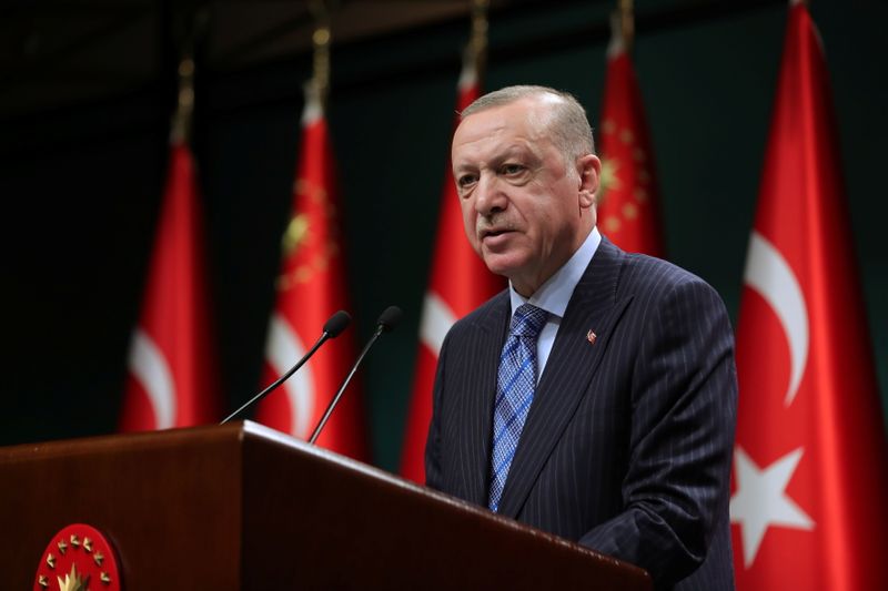 Turkish President Tayyip Erdogan gives a statement after a cabinet