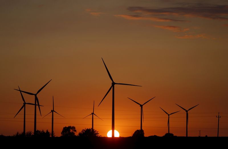 FILE PHOTO: A sunset is seen through a wind farm