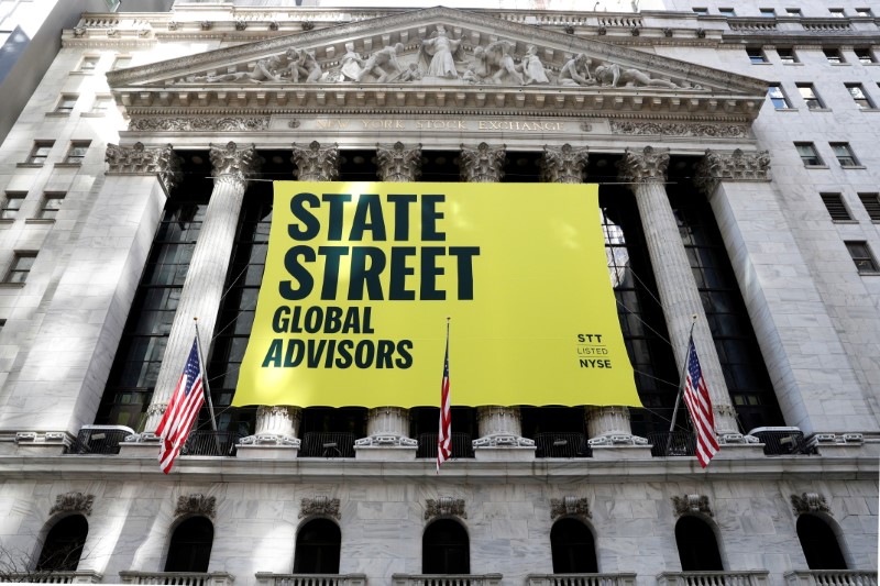 State Street Global Advisors banner is hung outside the NYSE