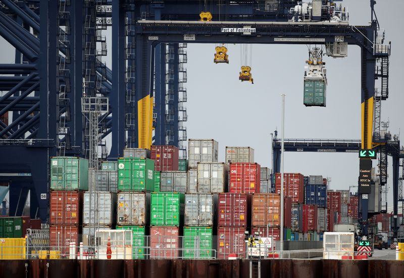 FILE PHOTO: Containers are stacked at the Port of Felixstowe
