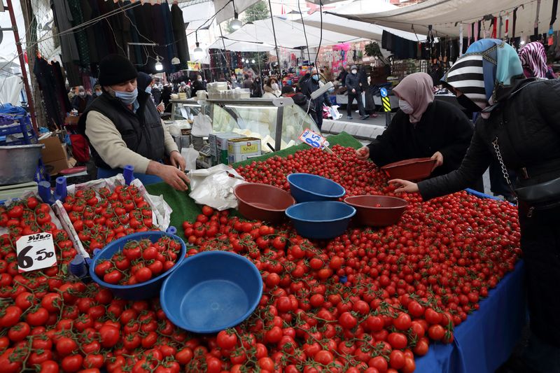 Women shop at a local market in Fatih district in