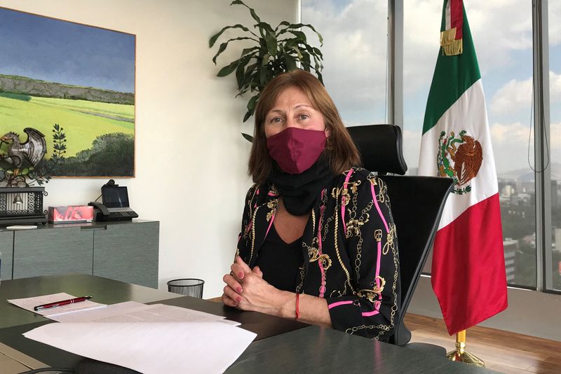 Mexican Economy Minister Tatiana Clouthier gestures during an interview with