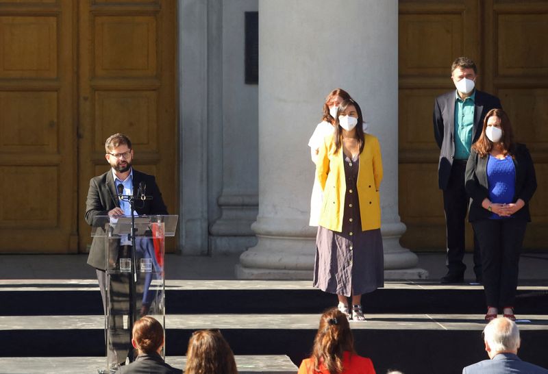 Chilean President-elect Gabriel Boric speaks during the presentation of his