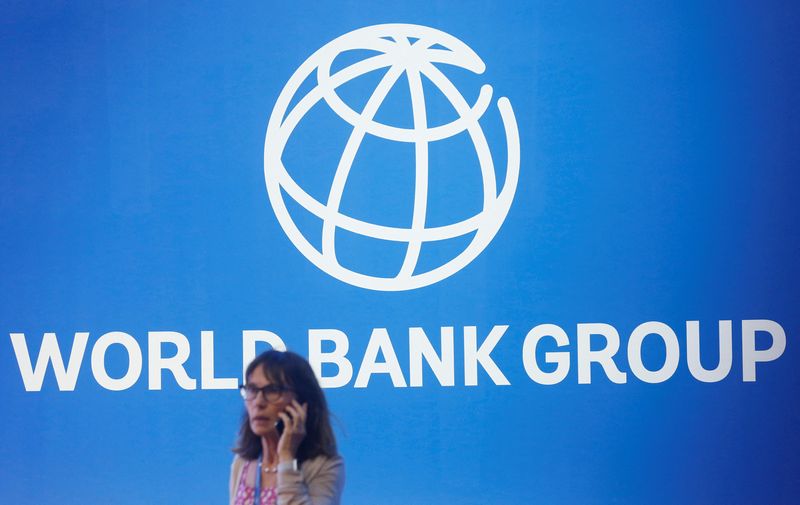 A participant stands near a logo of World Bank at