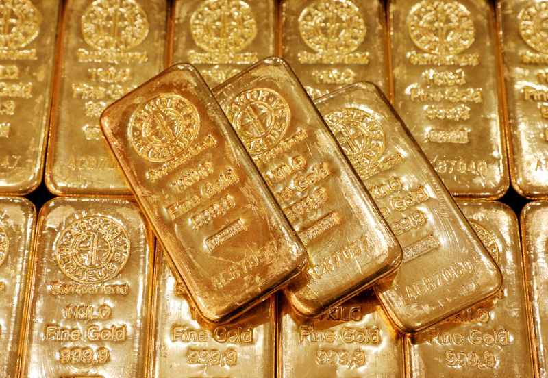 FILE PHOTO: Gold bullion is displayed at GoldSilver Central’s office