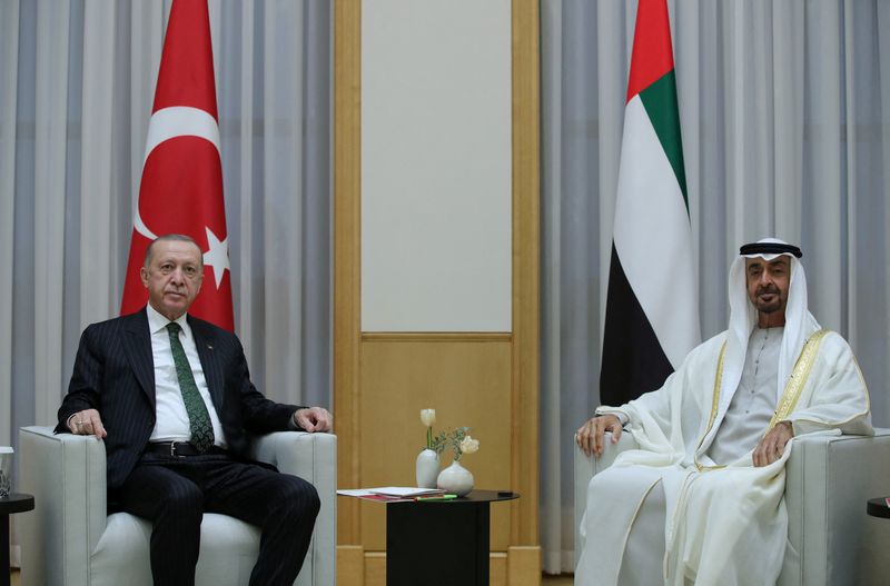 FILE PHOTO: Turkish President Erdogan is welcomed to Abu Dhabi