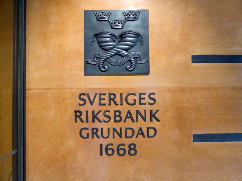 FILE PHOTO: The sign for Sweden’s central bank is pictured