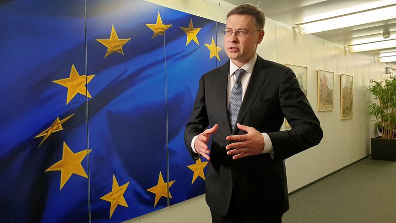 European Commission Vice President Valdis Dombrovskis speaks during an interview
