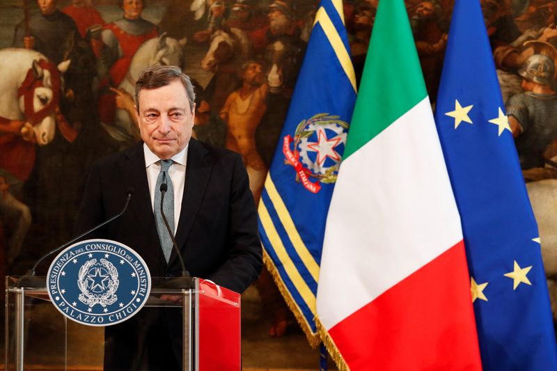Italian Prime Minister Mario Draghi makes a statement on the
