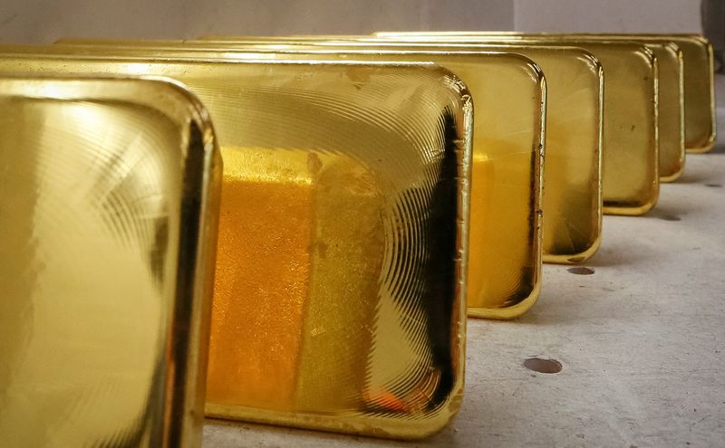 FILE PHOTO: Newly casted ingots of 99.99% pure gold are