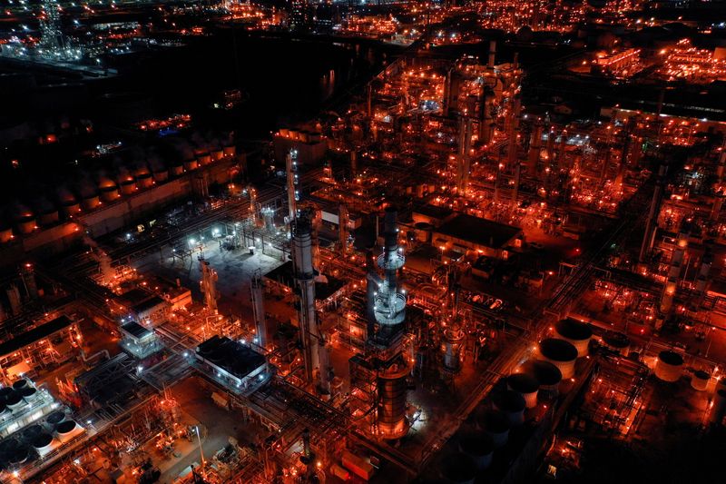 Aerial nighttime view of Marathon Petroleum’s Los Angeles Refinery in