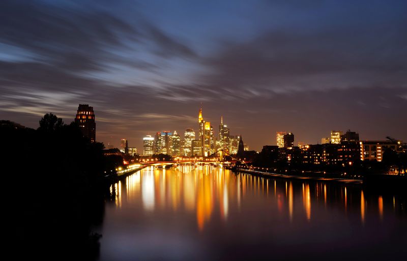 Sun sets over the skyline in Frankfurt