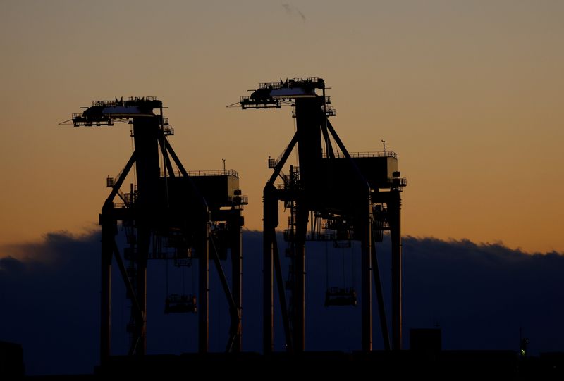 Cranes are seen at an industrial port in Tokyo