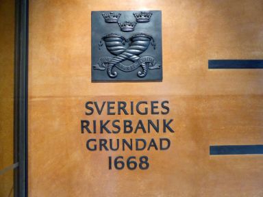 FILE PHOTO: The sign for Sweden’s central bank is pictured