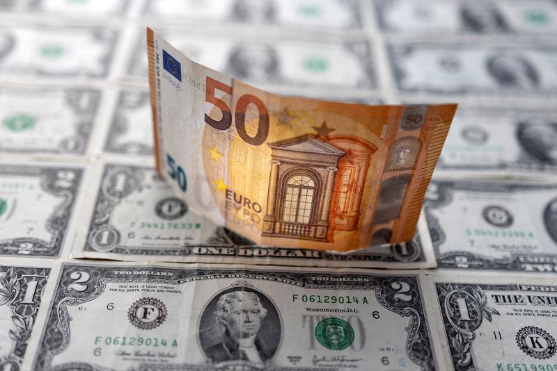 FILE PHOTO: Illustration shows Euro banknote placed on U.S. Dollar