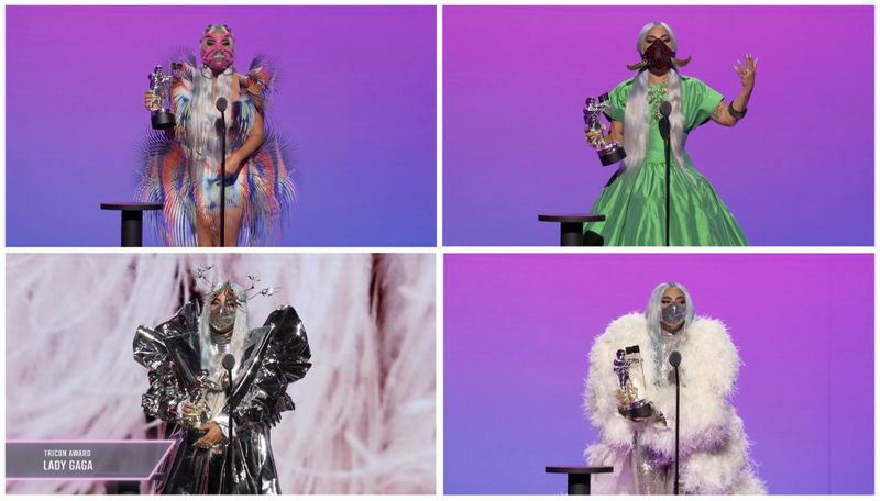 Combination picture of Lady Gaga accepting awards during the 2020