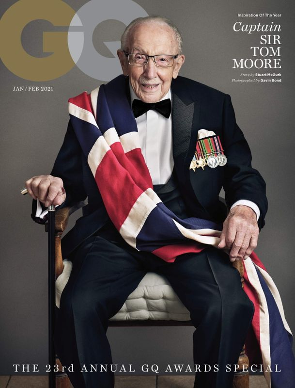 Captain Sir Tom Moore wearing Boss poses for a GQ