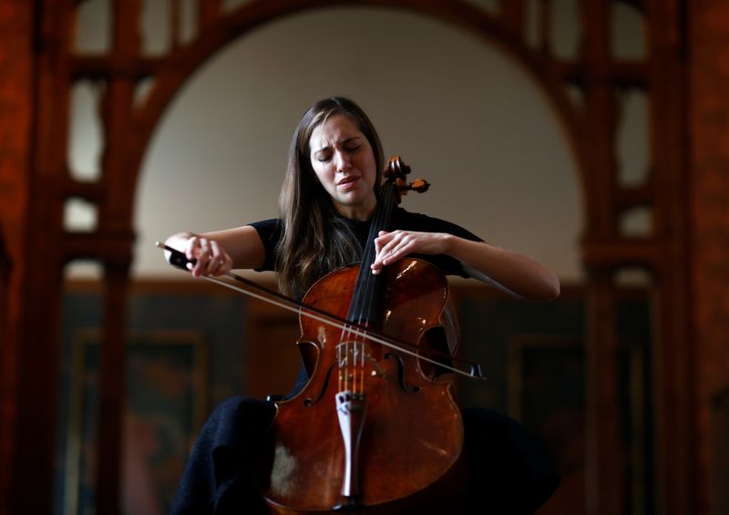 French-Belgian cellist Camille Thomas plays at the empty Musee des