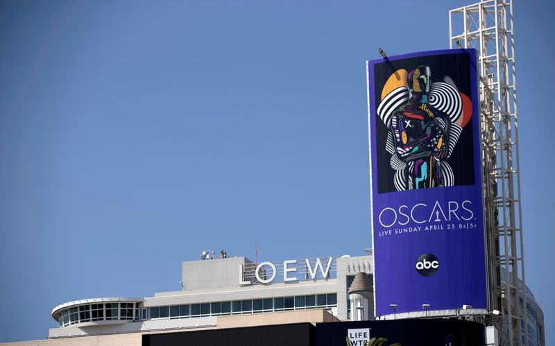 An Oscars billboard is pictured by the Hollywood and Highland