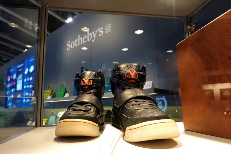 Nike Air Yeezy sneakers, designed by Kanye West, are displayed