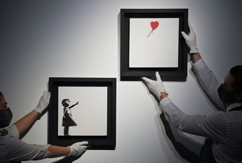 “Girl With Balloon” diptych by Banksy displayed ahead of upcoming