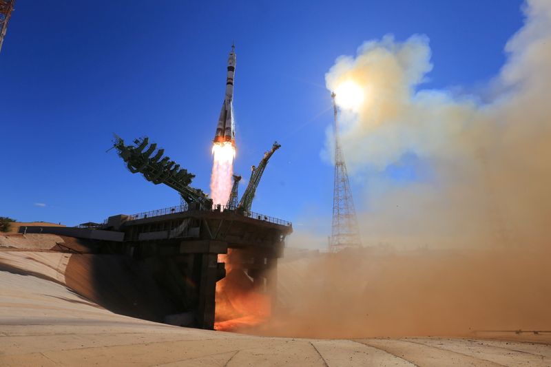 The Soyuz MS-19 spacecraft carrying ISS crew blasts off from