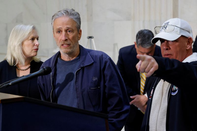 Jon Stewart, with U.S. Sen. Gillibrand and activist Feal, speaks