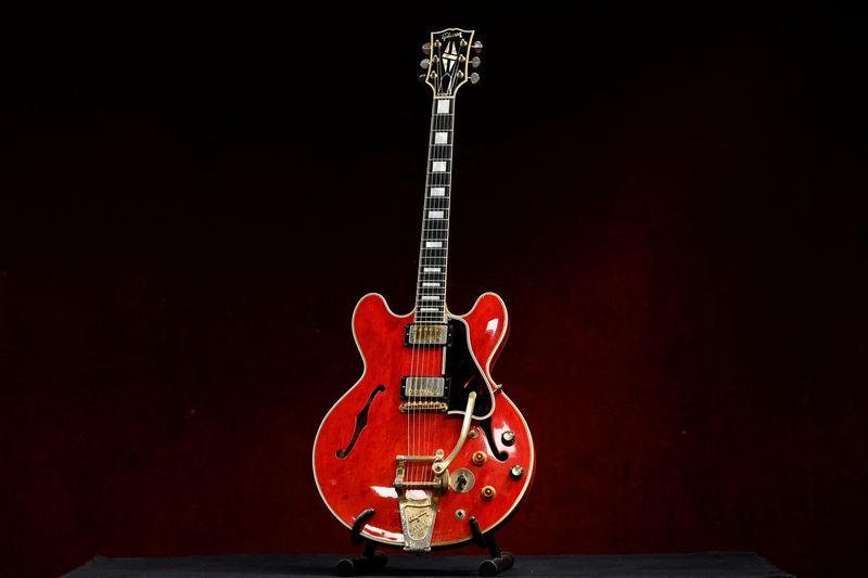 Oasis band member Noel Gallagher’s destroyed Gibson ES-355 guitar to