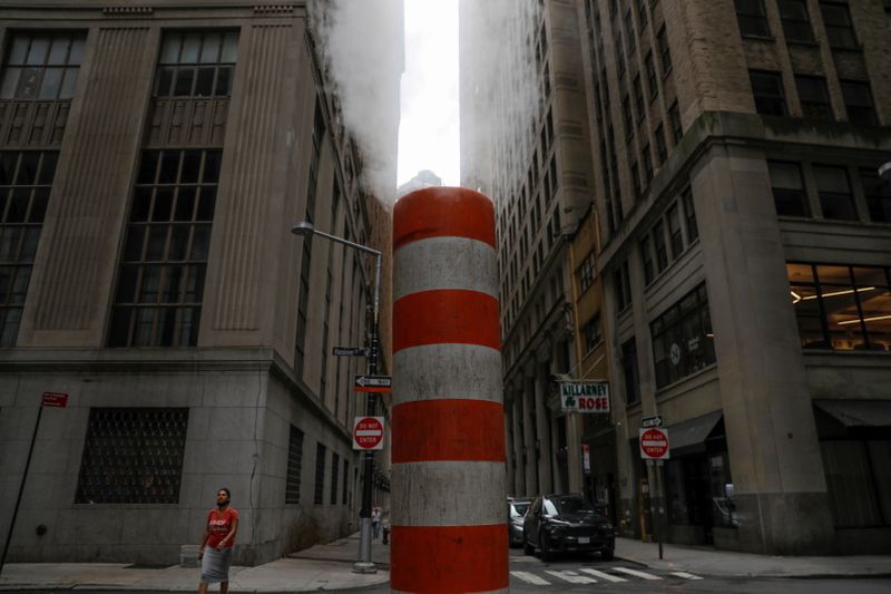 FILE PHOTO: A person walks by a steam pipe in