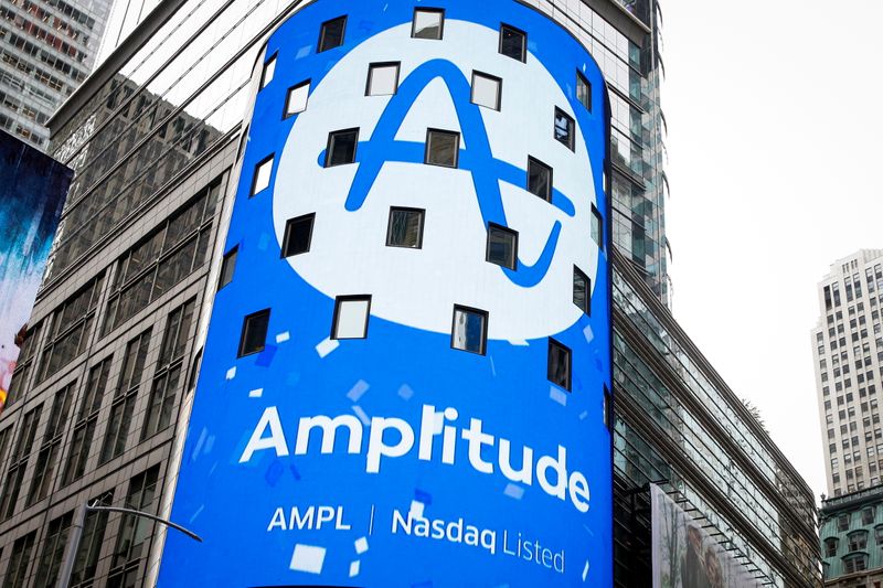 A screen announces Amplitude’s direct listing outside the Nasdaq Market